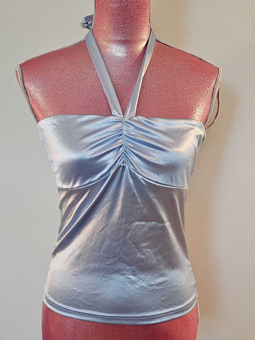 Ruched Halter Camisole in Blue Satin Size Medium